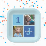 Boys Photo Collage Custom Blue Kids Birthday Party Paper Plates<br><div class="desc">Cool 2 photo personalized birthday party paper plate for a little boy or toddler. Celebrate your child's 1st birthday with cute photographs of them on this add your own photograph design with cool blue squares. Add their name and age.</div>
