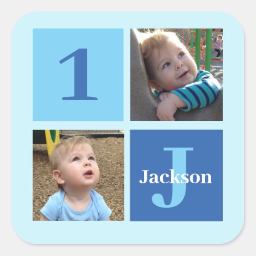 Boys Photo Collage Custom Blue Kids Birthday Party Square Sticker