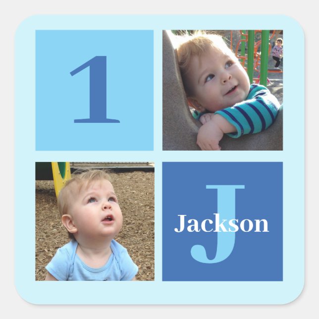 Boys Photo Collage Custom Blue Kids Birthday Party Square Sticker (Front)