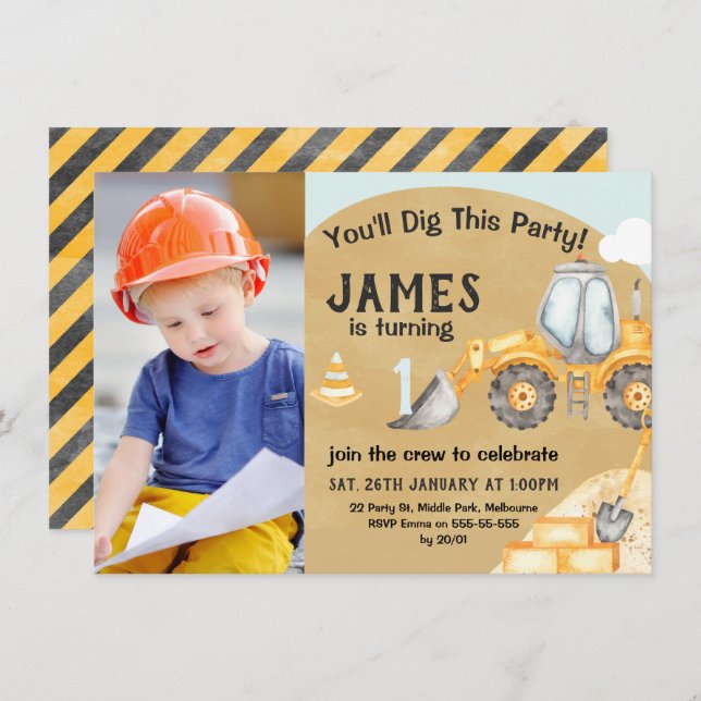 Boys Photo Construction Excavator 1st Birthday Invitation (Front/Back)