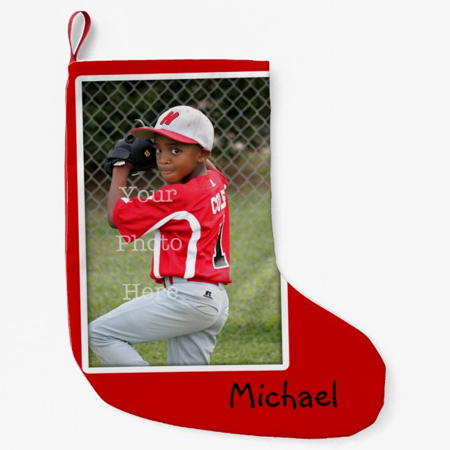 Boys Photo Custom Red Christmas Stocking (Front)