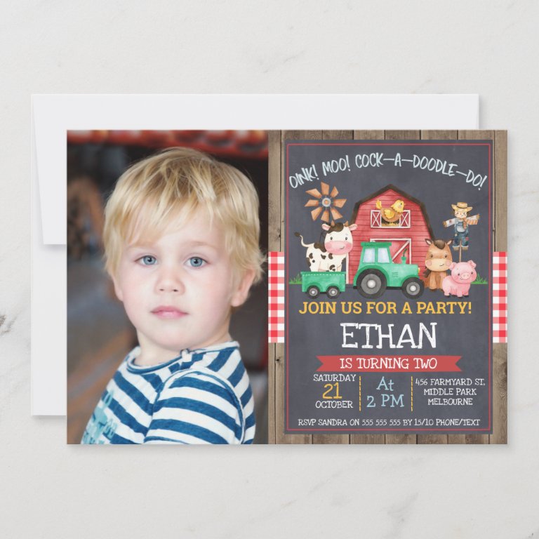 Boys Photo Farm Tractor Chalkboard Birthday Invitation