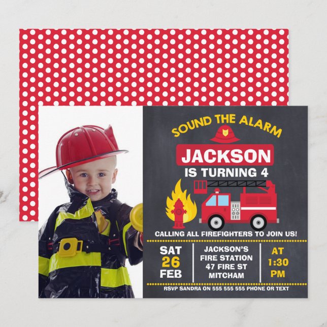 Boys Photo Fire Engine Birthday Invitation (Front/Back)