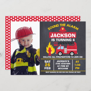 Boys Photo Fire Engine Birthday Invitation