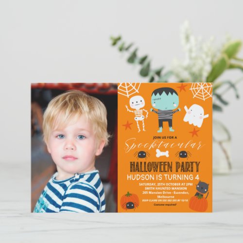 Boys Photo Orange Monster Halloween Party Birthday Invitation