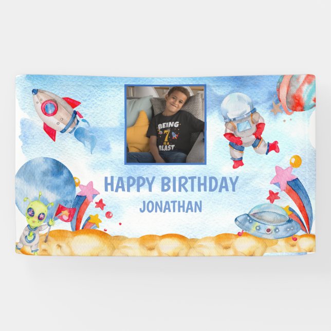  Boys Photo Outer Space Astronaut  Blue Red     Banner (Horizontal)