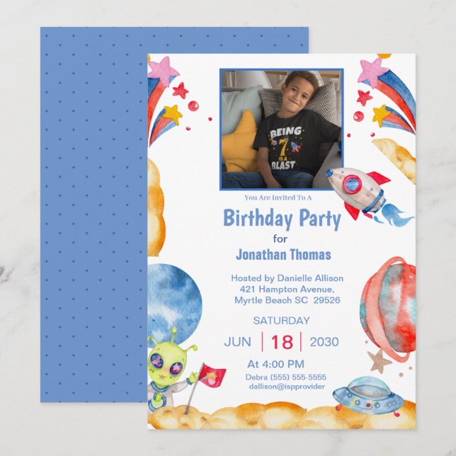  Boys Photo Outer Space Astronaut  Blue Red   Invitation (Front/Back)