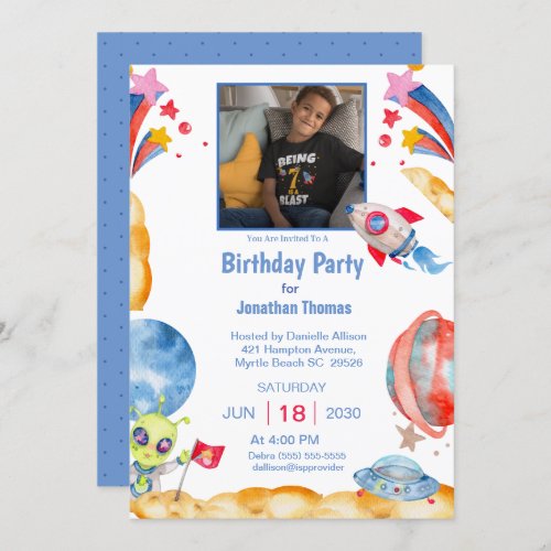  Boys Photo Outer Space Astronaut  Blue Red   Invitation