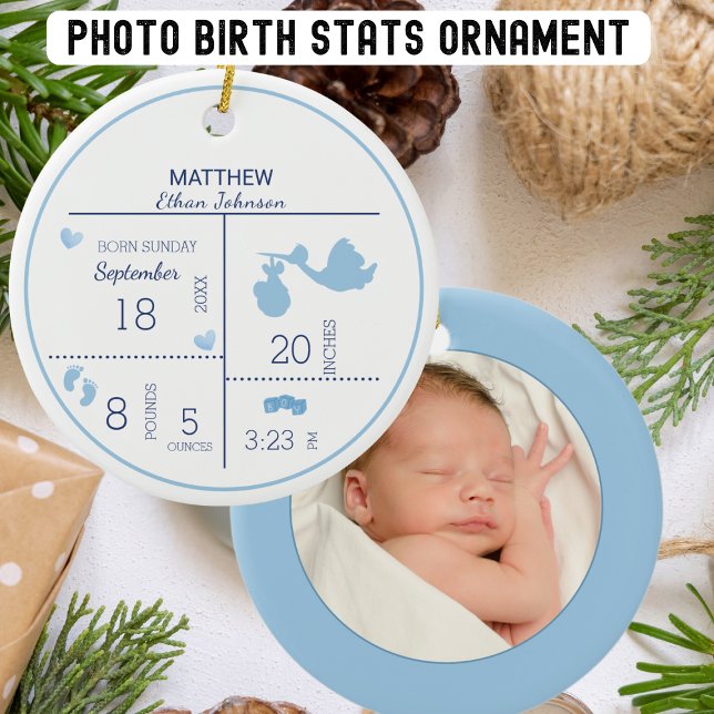 Boys Photo Personalized Birth Announcement Ceramic Ornament (Creator Uploaded)