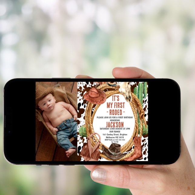 Boys Photo Rope My First Rodeo Cowboy 1st Birthday Invitation (Front Digital)