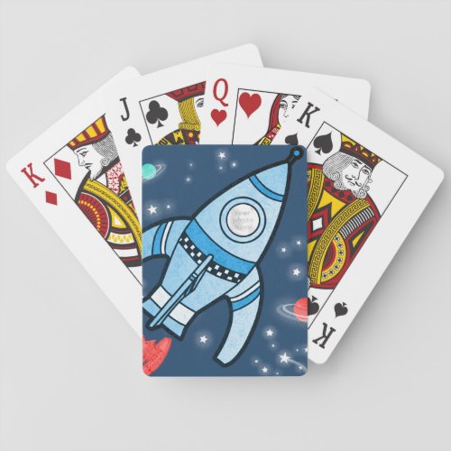 Boys photo space rocket blue playing cards