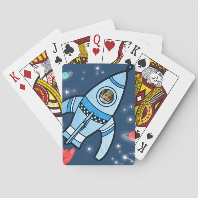 Boys photo space rocket blue playing cards (Back)
