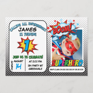 Boys Photo Superhero 1st Birthday Invitation