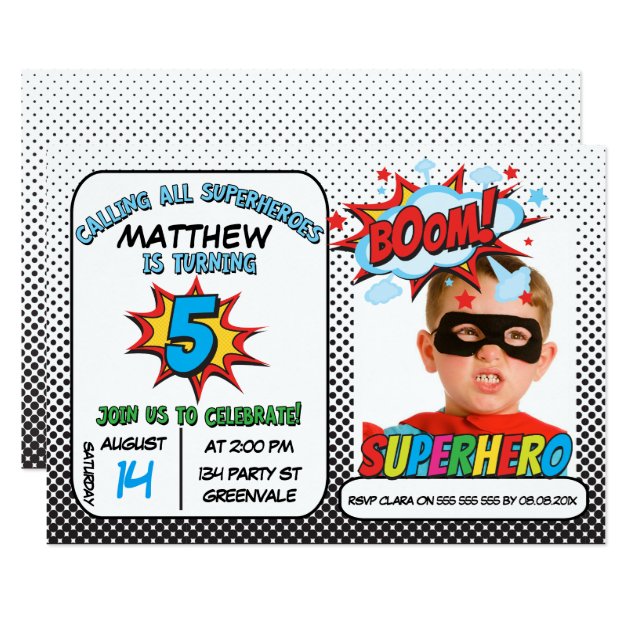 Boys Photo Superhero 5th Birthday Invitation