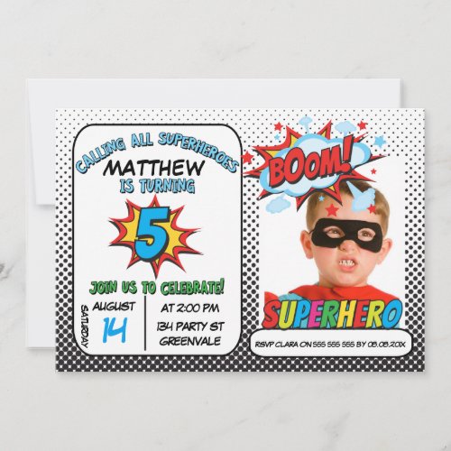 Boys Photo Superhero 5th Birthday Invitation