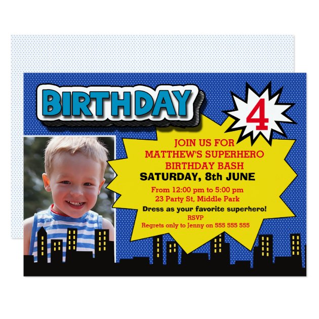 Boys Photo Superhero Birthday Invitation