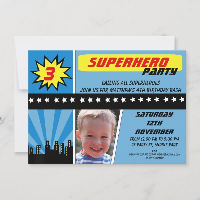 Boys Photo Superhero Birthday Invitation (Front)
