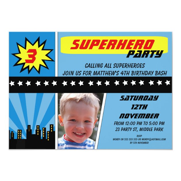 Boys Photo Superhero Birthday Invitation