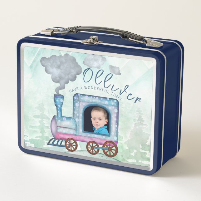 Boys Photo Watercolor Train Birthday  Metal Lunch Box (Front)