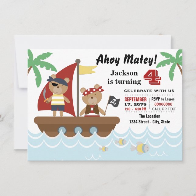 Boys Pirate Bear Birthday Party Invitation (Front)