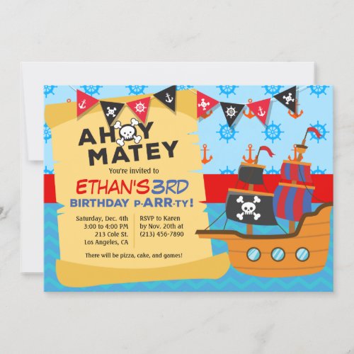 Boys Pirate Ship Birthday Party Invitation