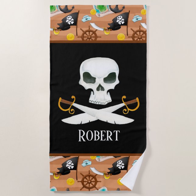 Boys pirate skull add name beach towel (Front)