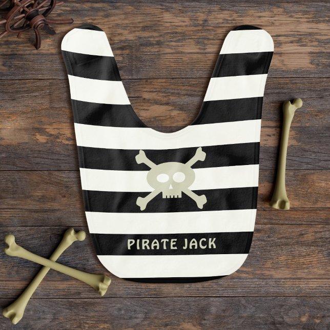 Boys Pirate Skull Black and White Striped Baby Bib (Ye can even personalize it with yer wee one's name or a witty pirate quote)