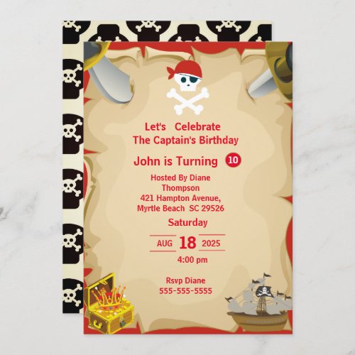 Boys Pirate Skull Map Birthday Party  Invitation