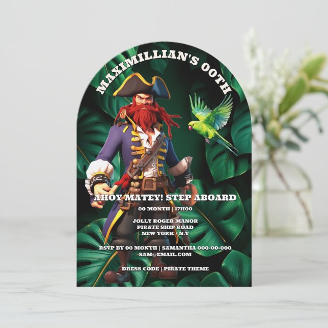 Boys pirate theme birthday party captain red invitation (Standing Front)