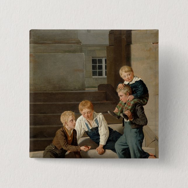 Boys Playing Dice in Front of Christiansborg Button (Front)