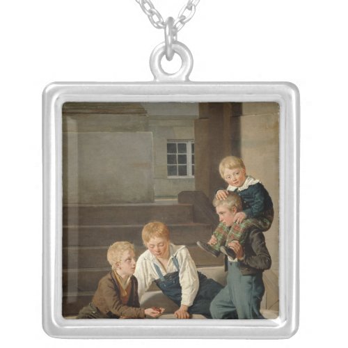 Boys Playing Dice in Front of Christiansborg Silver Plated Necklace