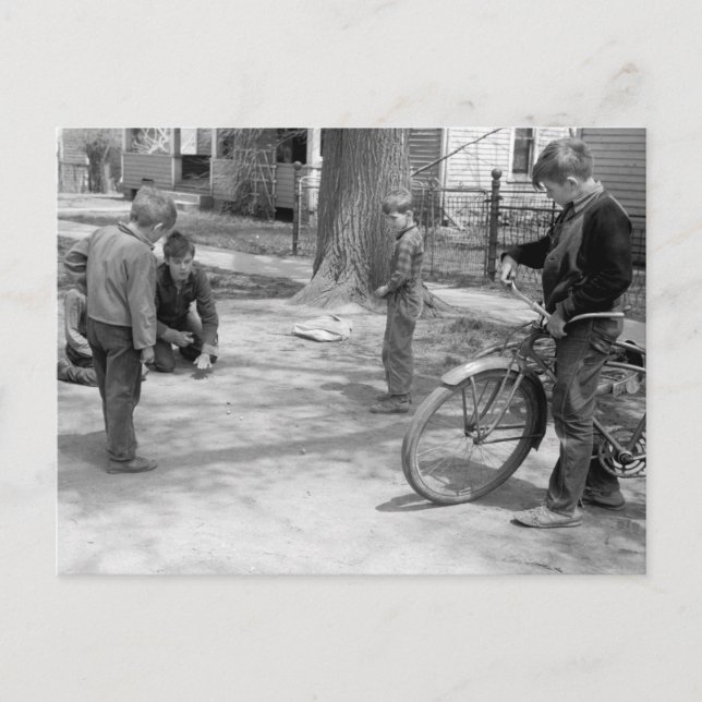 Boys Playing Marbles, Woodbine, Iowa, 1940 Postcard (Front)