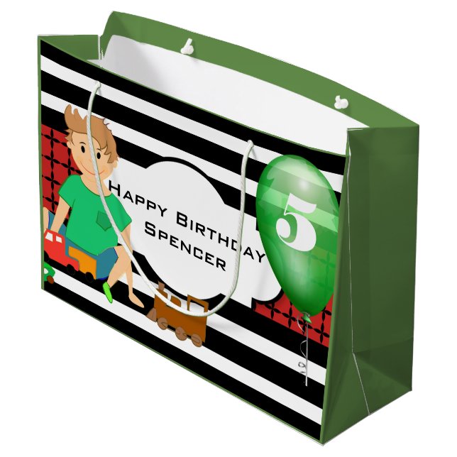 Boys Playing w/Modern Patterns Birthday Large Gift Bag (Back Angled)