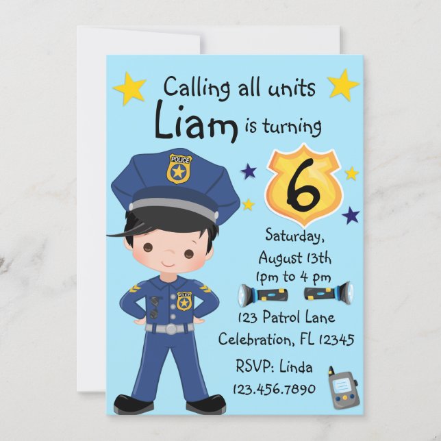 Boys Police Officer Birthday Invitation (Front)