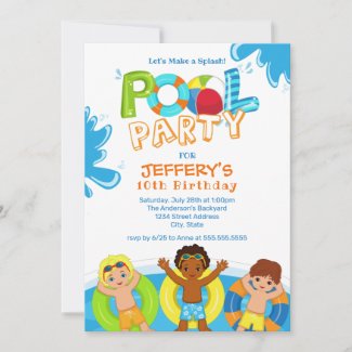 Boys Pool Party 10th Birthday Invitation