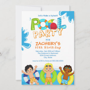 Boys Pool Party 10th Birthday Invitation