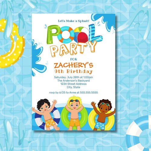 Boys Pool Party 9th Birthday Invitation