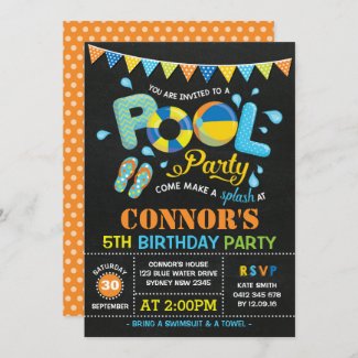 Boys Pool Party Birthday Chalkboard Invitation