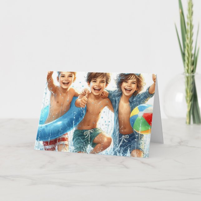 Boy's Pool Party Birthday Folded Greeting Card (Front)