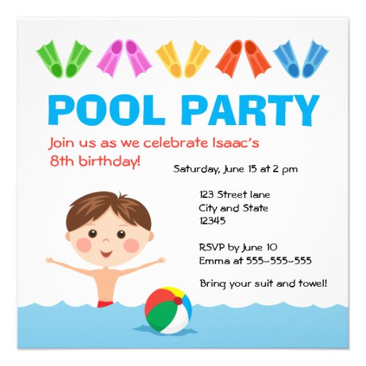 Boys pool party birthday invitation 5.25