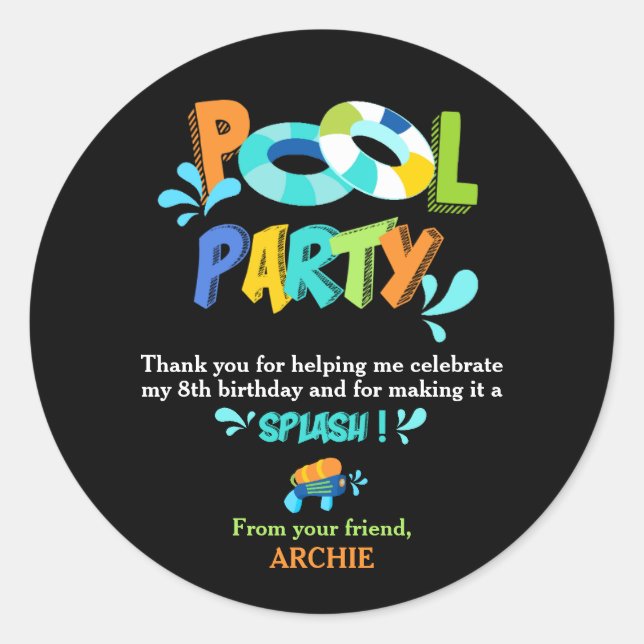 Boys Pool Party Birthday Thank You Favor Classic Round Sticker (Front)