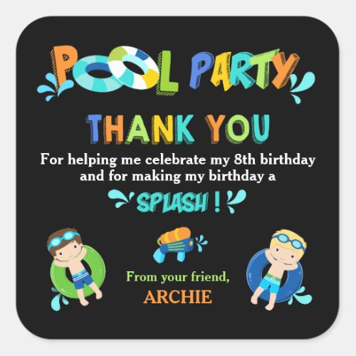 Boys Pool Party Birthday Thank You Favor Square Sticker