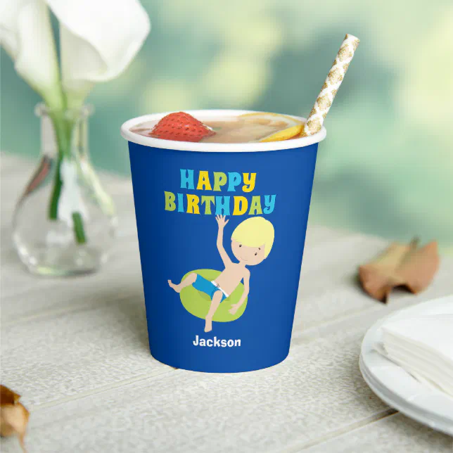 Boys Pool Party Custom Kids Birthday Paper Cups | Zazzle