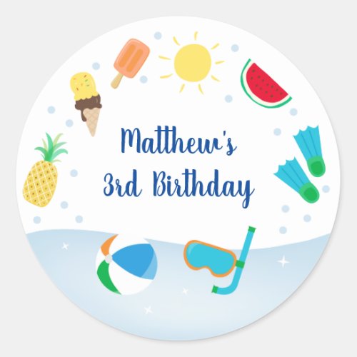 Boys Pool Party Ice Cream Birthday Classic Round Sticker