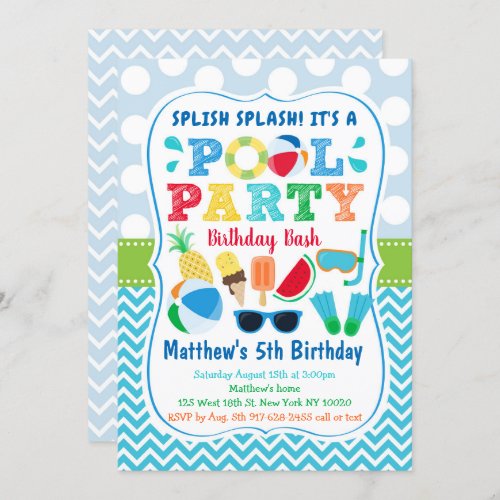 Boys Pool Party Ice Cream Birthday Invitation