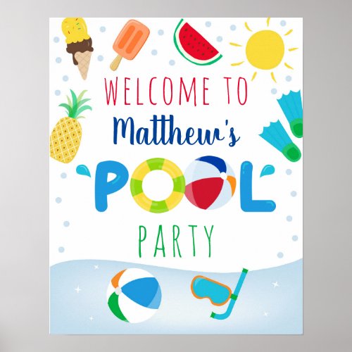 Boys Pool Party Ice Cream Birthday Welcome Poster