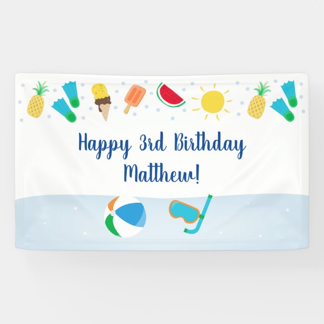 Boys Pool Party Ice Cream Sunshine Birthday Banner (Horizontal)