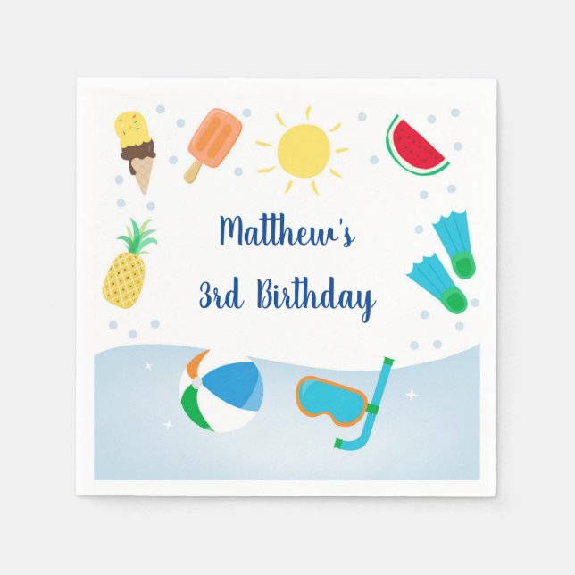Boys Pool Party Ice Cream Sunshine Birthday Napkins (Front)