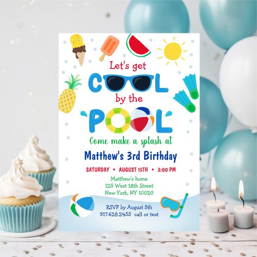 Boys Pool Party Lets Get Cool Birthday Invitation