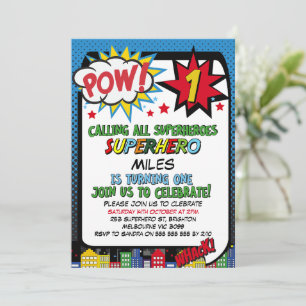 Boys Pow Blue Red Superhero 1st Birthday  Invitation